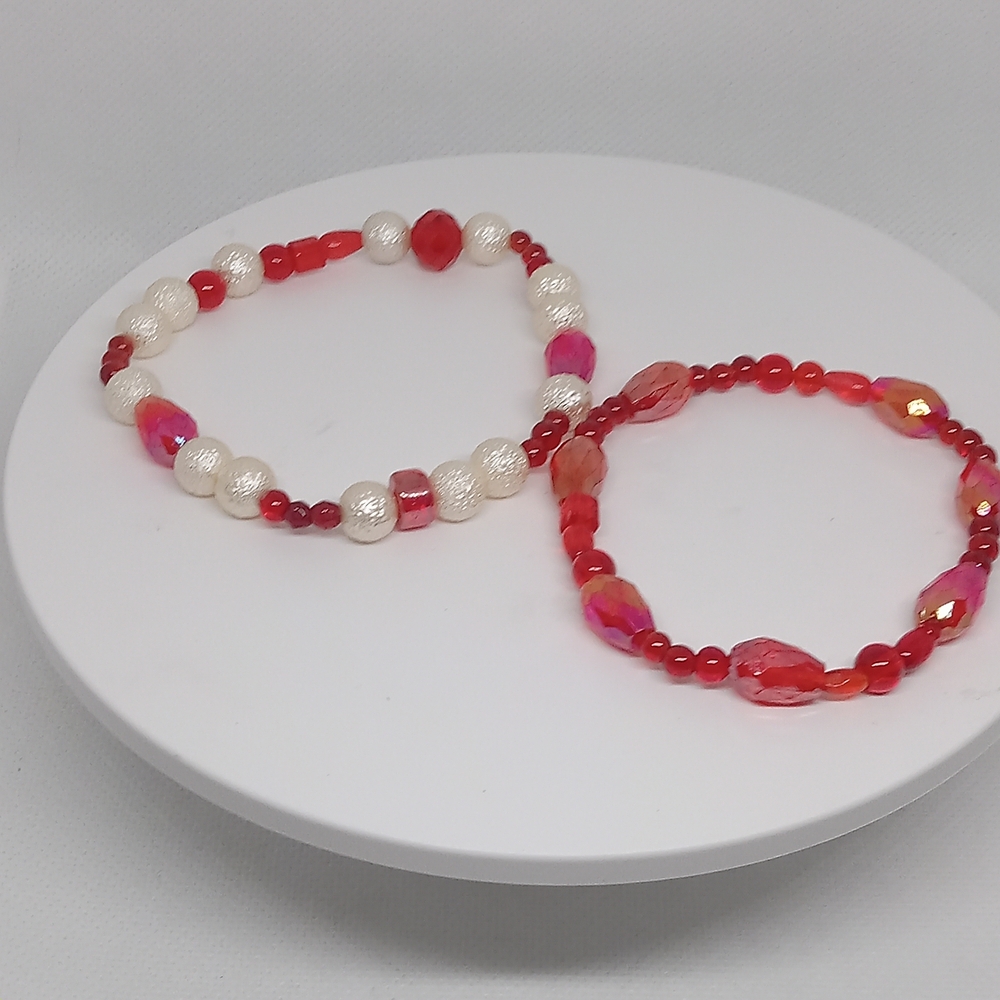 Elegant Red and White Beaded Bracelet Set